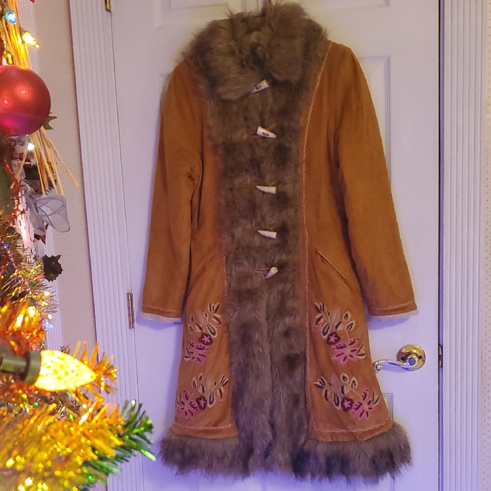 Y2K Embroidered Faux Fur Coat